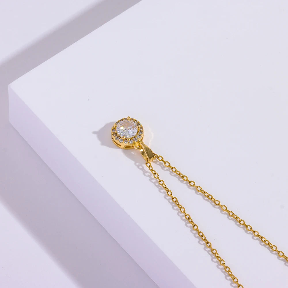 Gold Halo Pendant Necklace – Crystal Solitaire