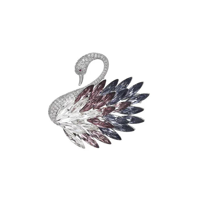 Classic Crystal Swan Gradient Colored Feather Brooches For Women