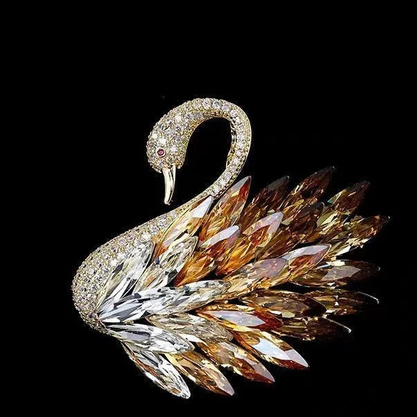 Classic Crystal Swan Gradient Colored Feather Brooches For Women