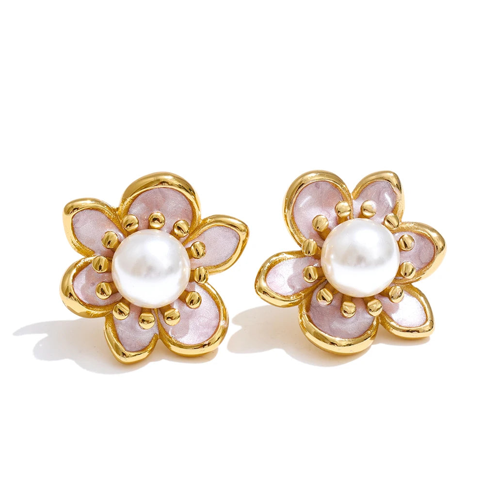 Zirconia & Pearl Flower Earring – Stud Enamel Gold Jewelry for Women (All Occasions)