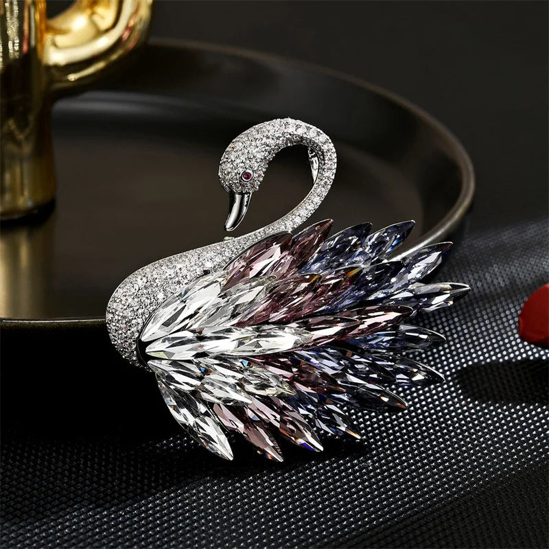 Classic Crystal Swan Gradient Colored Feather Brooches For Women