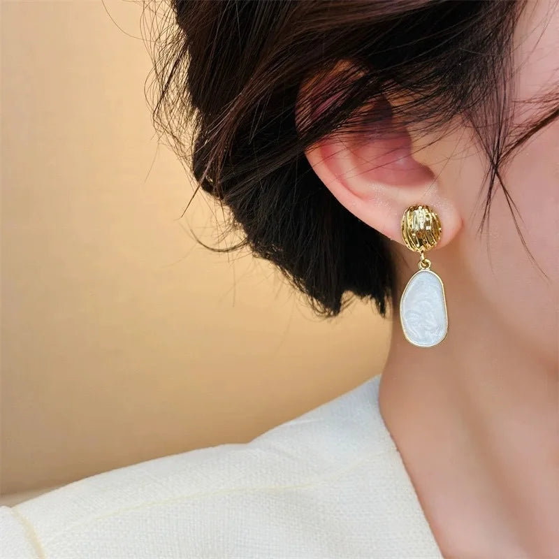 White Enamel Oval Drop Earrings – Elegant & Lightweight