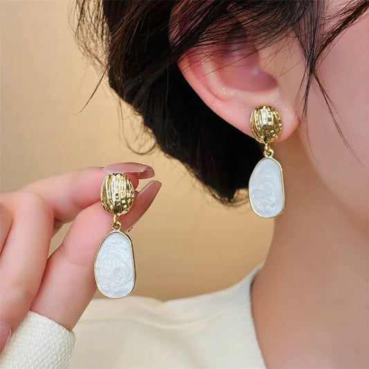 White Enamel Oval Drop Earrings – Elegant & Lightweight