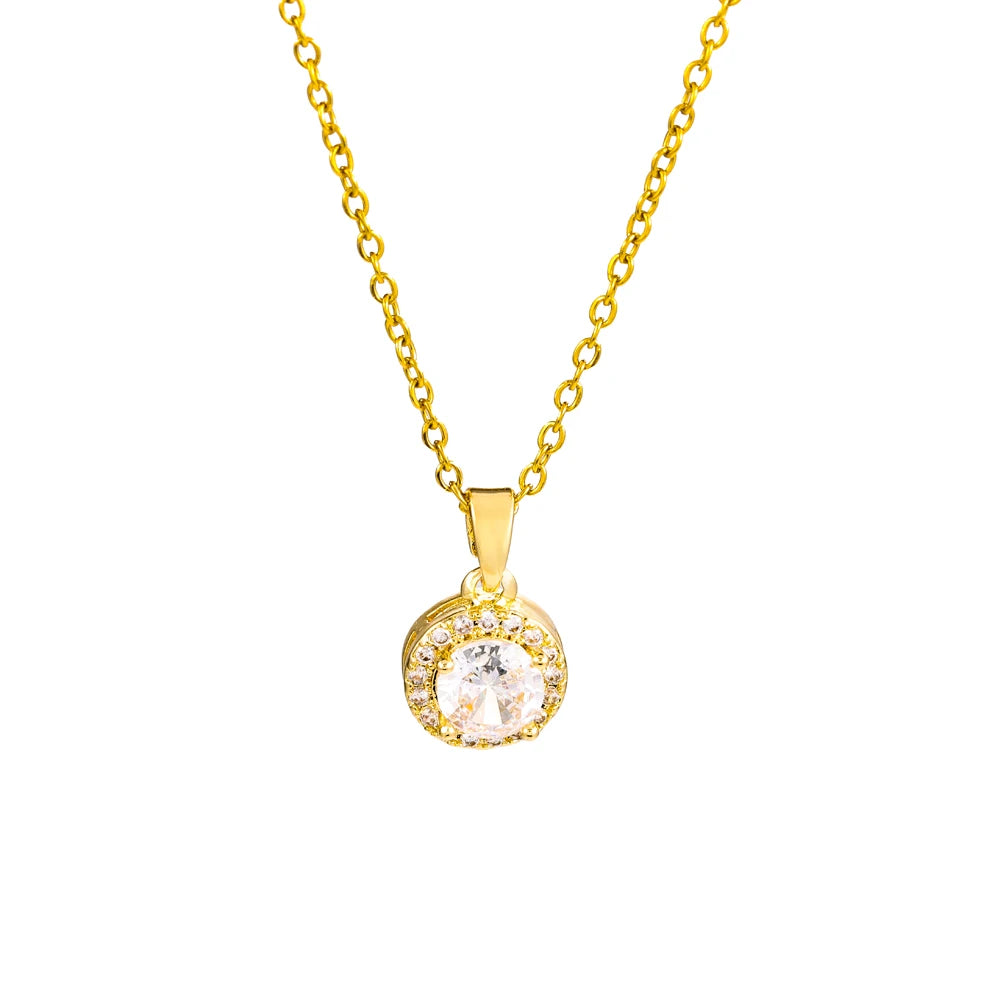 Gold Halo Pendant Necklace – Crystal Solitaire