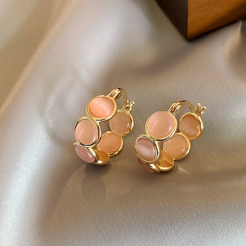 Sweet Girls' Pink Round Opals Hoop Earrings 2025 New Design Jewelry Luxury Accessories
