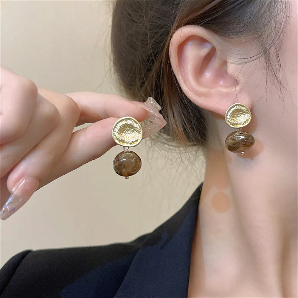 French Retro Brown Acrylic Ball Drop Earring For Women Party Versatile Earrings