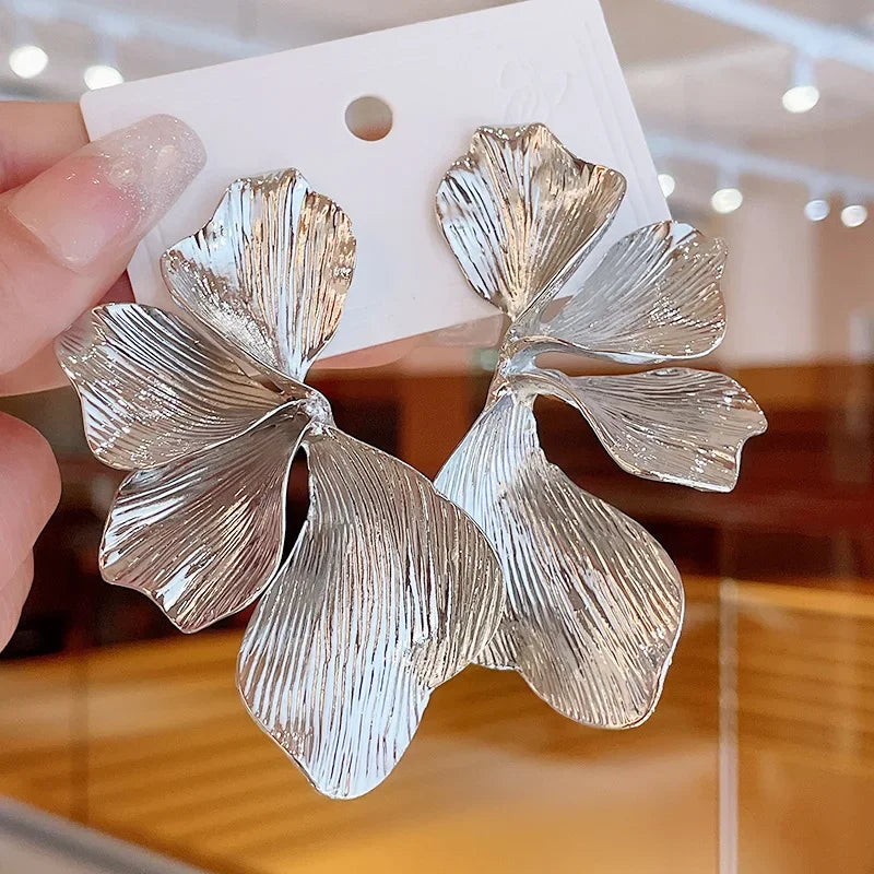 Exaggerated Big Petal Flower Liquid Multilayer Textured  earrings-drop for Women