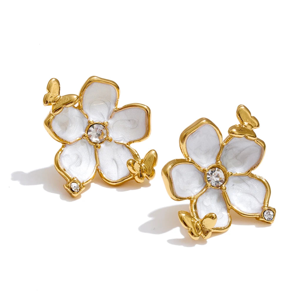 Zirconia & Pearl Flower Earring – Stud   Enamel Gold Jewelry for Women (All Occasions)