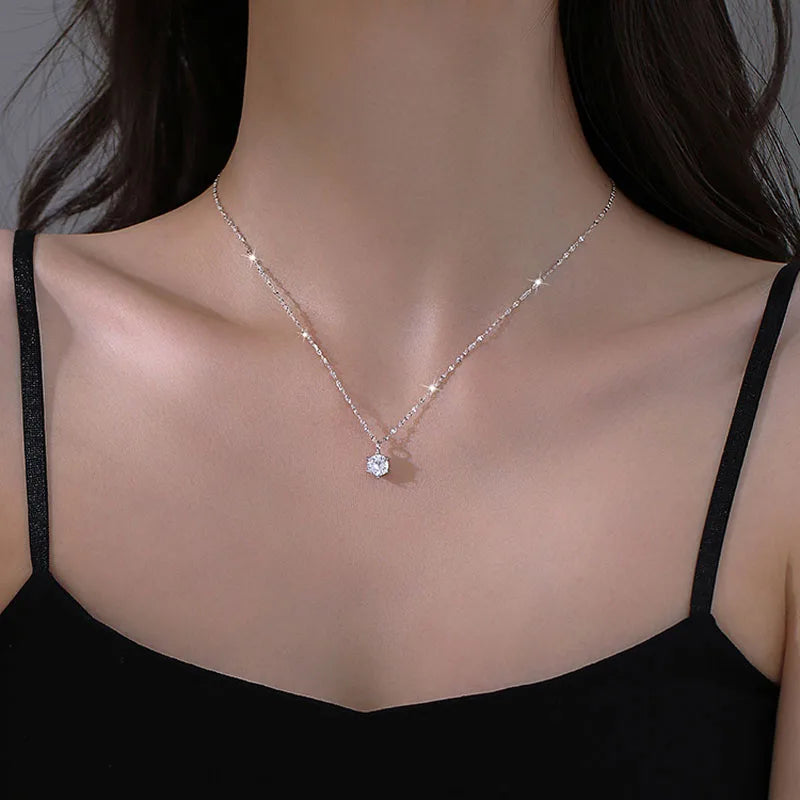 925 Sterling Silver Plated Zircon Necklace – Elegant Sparkling Clavicle Chain