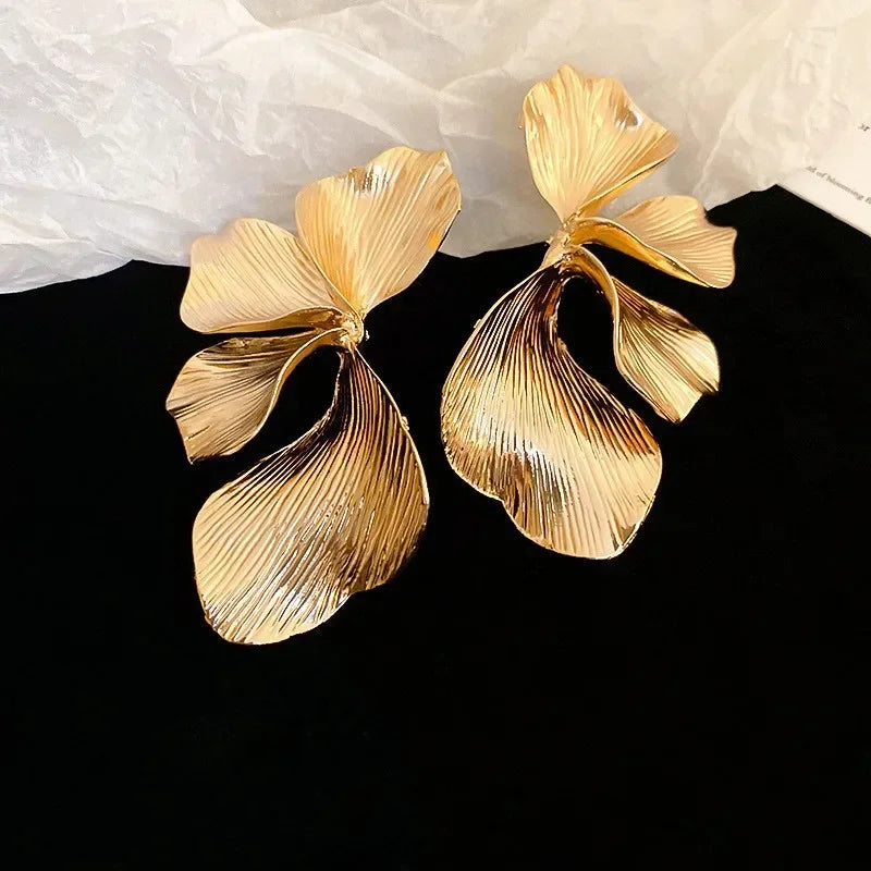 Exaggerated Big Petal Flower Liquid Multilayer Textured  earrings-drop for Women