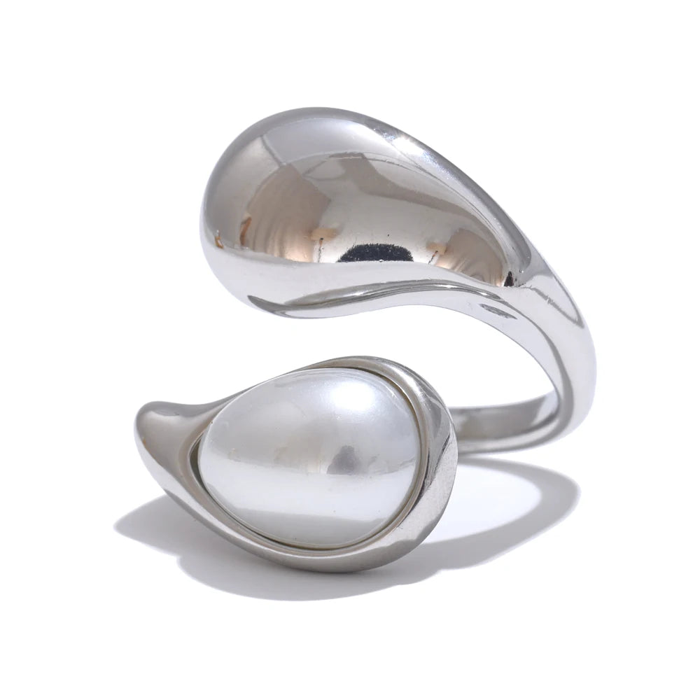 Imitation Pearl Water Drop Ring – 316L Stainless Steel Gold & Platinum Plated Elegant Jewelry for Women