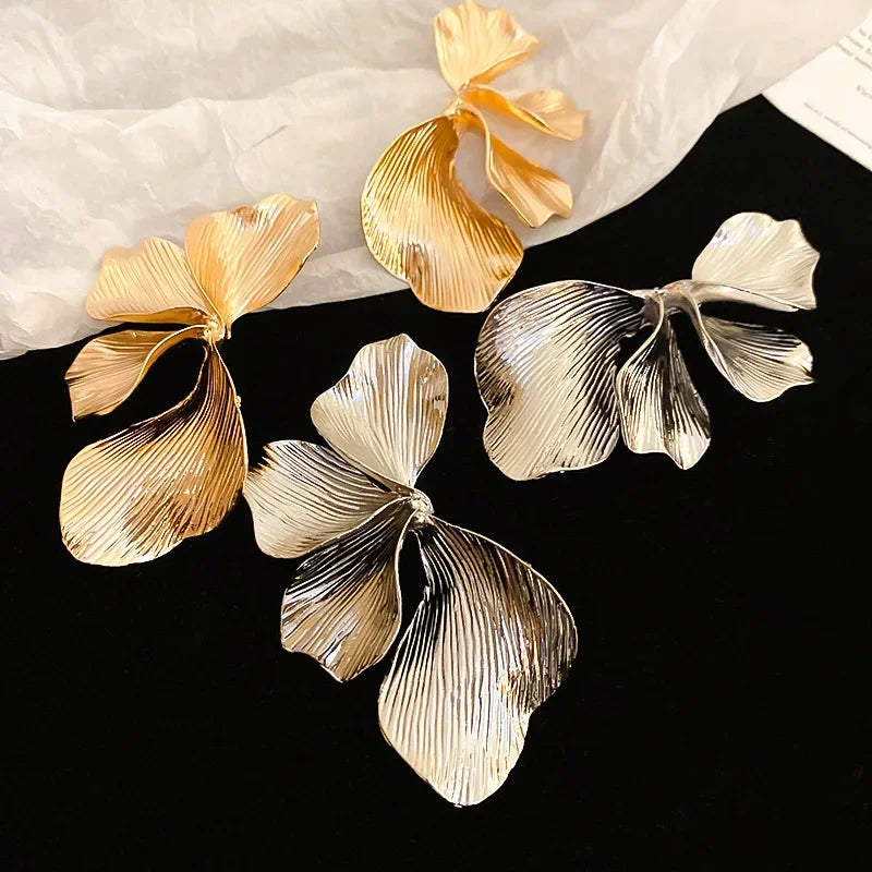 Exaggerated Big Petal Flower Liquid Multilayer Textured  earrings-drop for Women