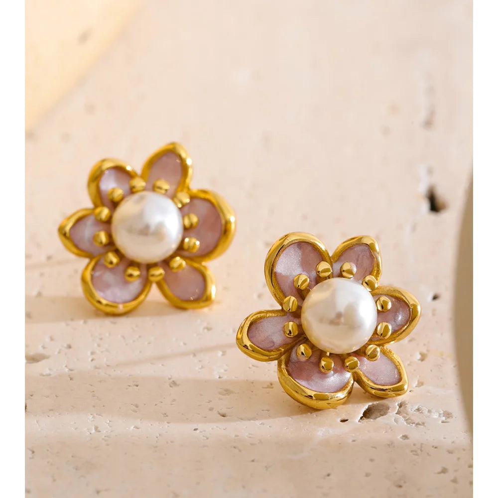 Zirconia & Pearl Flower Earring – Stud   Enamel Gold Jewelry for Women (All Occasions)