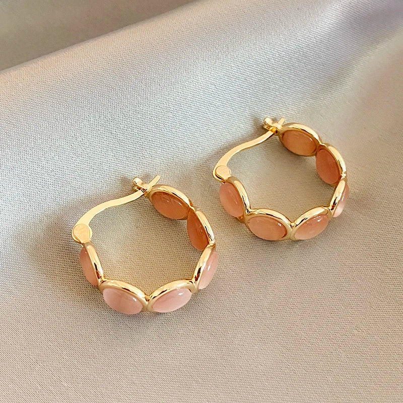 Sweet Girls' Pink Round Opals Hoop Earrings 2025 New Design Jewelry Luxury Accessories