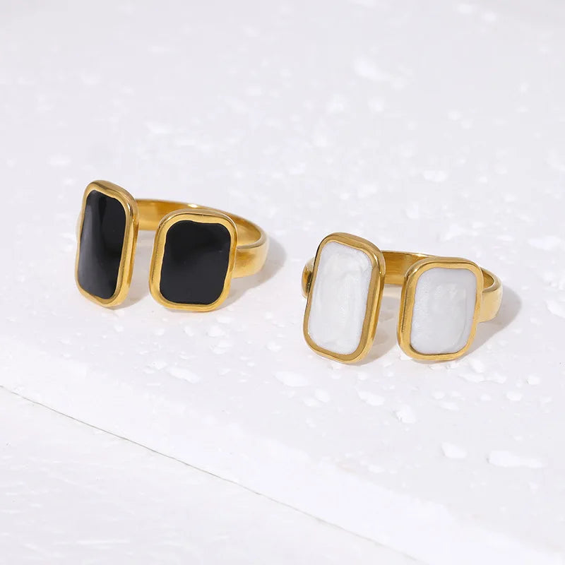 Trendy Gold Color Stainless Steel Black White Enamel Geometry Couple Rings