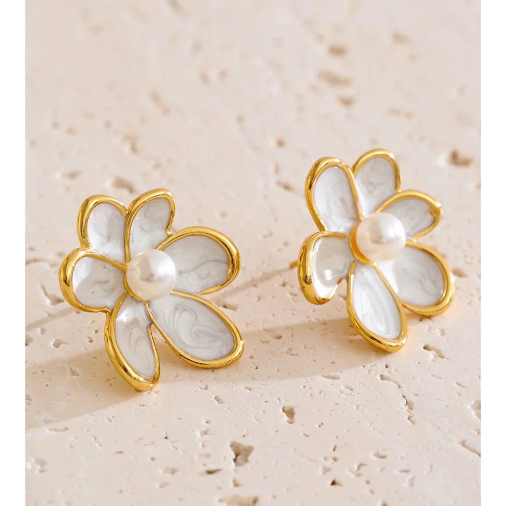 Zirconia & Pearl Flower Earring – Stud   Enamel Gold Jewelry for Women (All Occasions)
