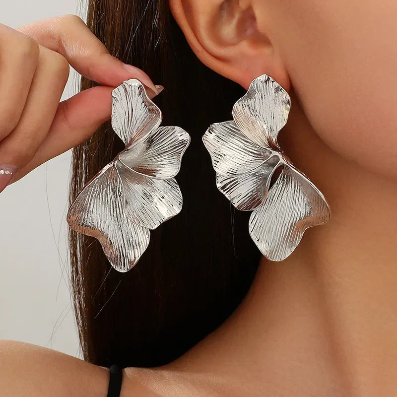 Exaggerated Big Petal Flower Liquid Multilayer Textured  earrings-drop for Women