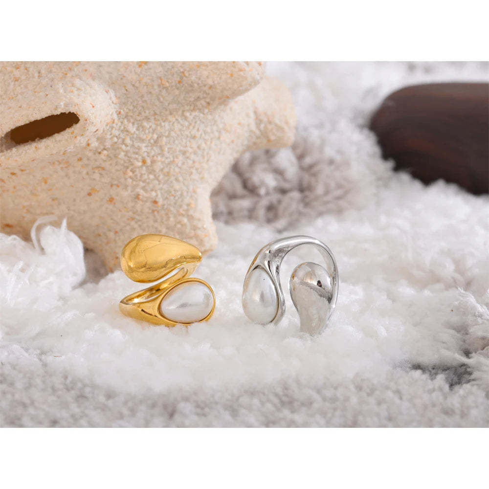Imitation Pearl Water Drop Ring – 316L Stainless Steel Gold & Platinum Plated Elegant Jewelry for Women