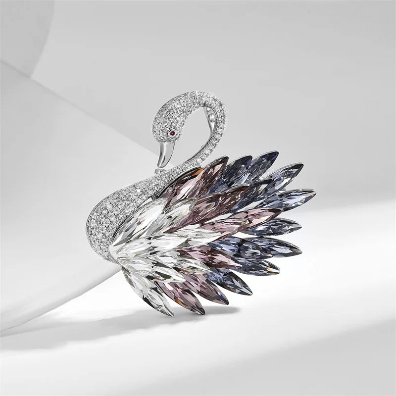 Classic Crystal Swan Gradient Colored Feather Brooches For Women