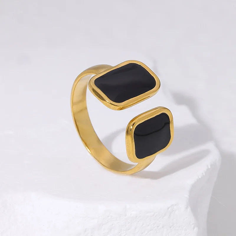 Trendy Gold Color Stainless Steel Black White Enamel Geometry Couple Rings
