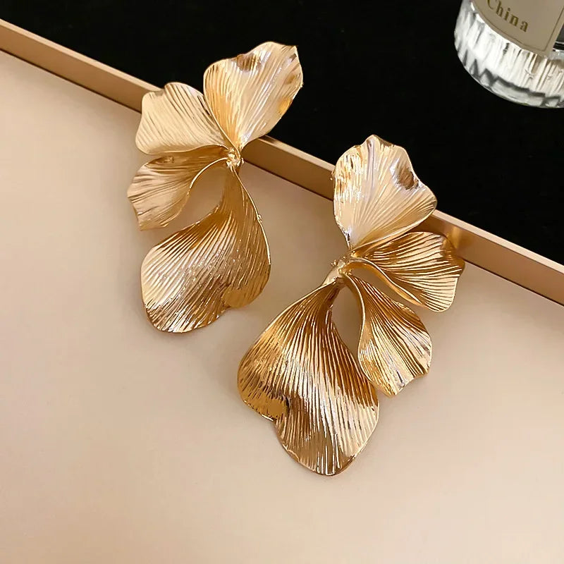 Exaggerated Big Petal Flower Liquid Multilayer Textured  earrings-drop for Women