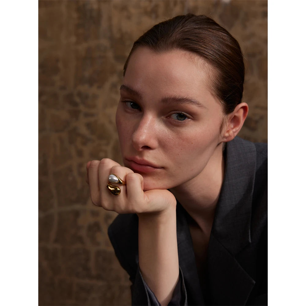Imitation Pearl Water Drop Ring – 316L Stainless Steel Gold & Platinum Plated Elegant Jewelry for Women