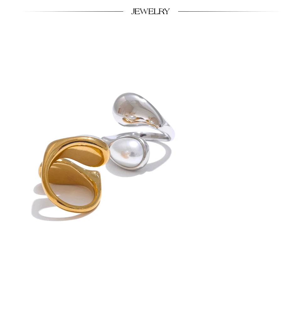 Imitation Pearl Water Drop Ring – 316L Stainless Steel Gold & Platinum Plated Elegant Jewelry for Women