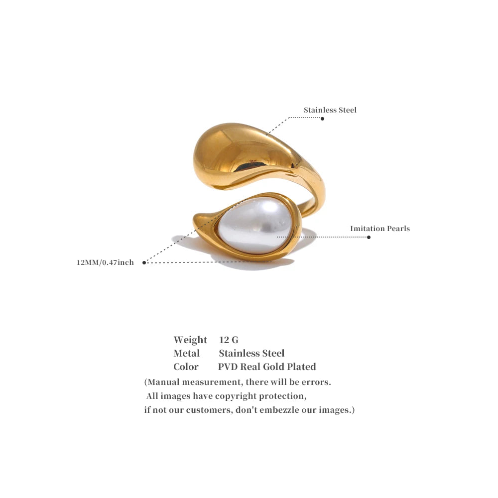 Imitation Pearl Water Drop Ring – 316L Stainless Steel Gold & Platinum Plated Elegant Jewelry for Women