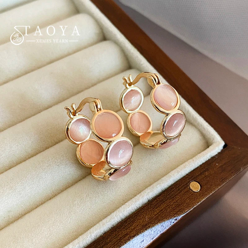 Sweet Girls' Pink Round Opals Hoop Earrings 2025 New Design Jewelry Luxury Accessories