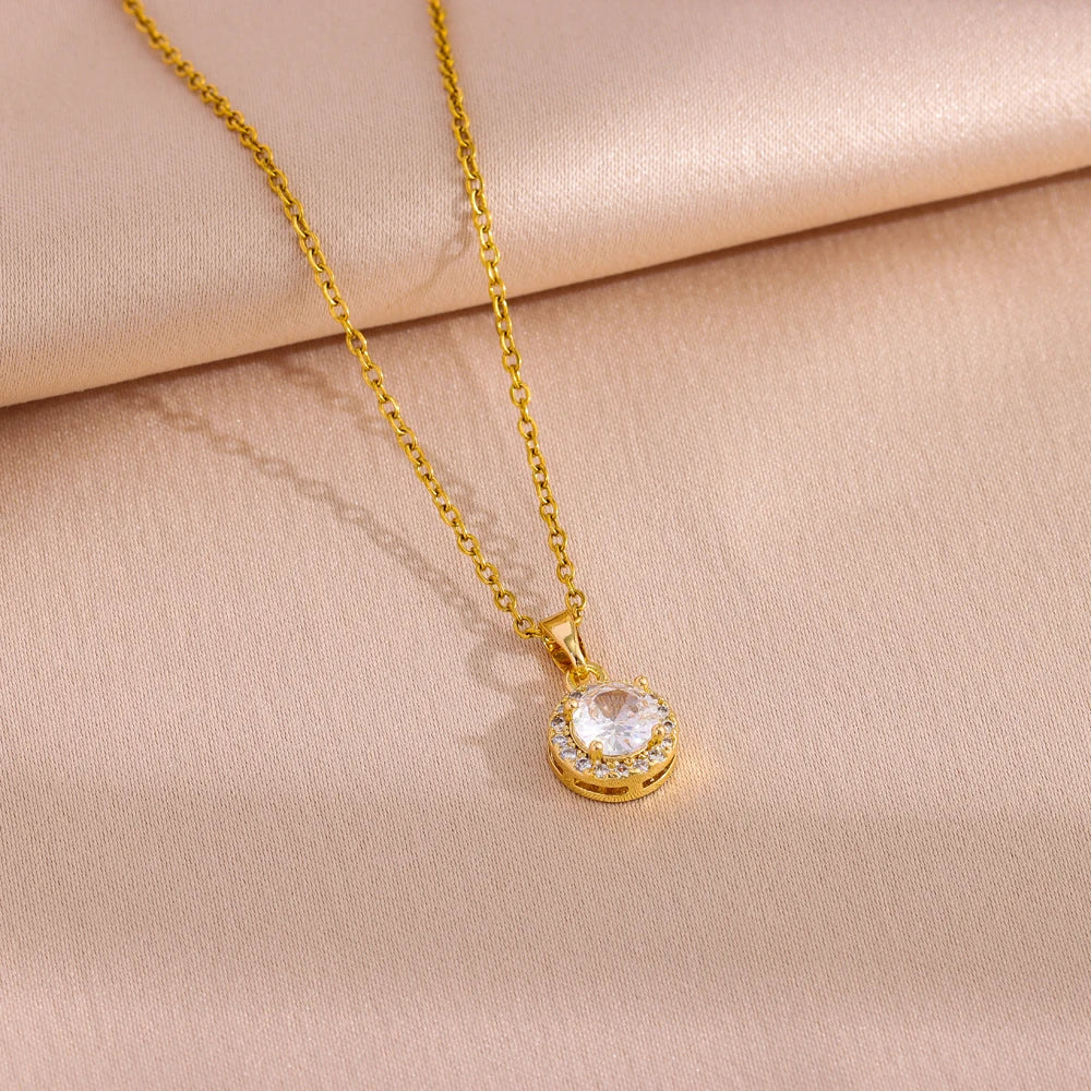 Gold Halo Pendant Necklace – Crystal Solitaire