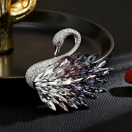 Classic Crystal Swan Gradient Colored Feather Brooches For Women
