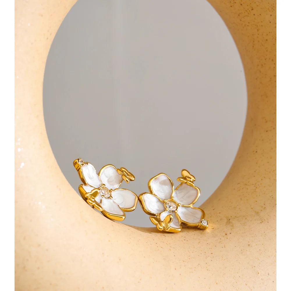 Zirconia & Pearl Flower Earring – Stud   Enamel Gold Jewelry for Women (All Occasions)