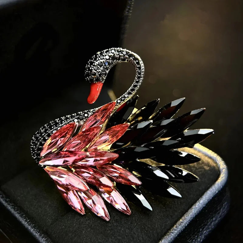 Classic Crystal Swan Gradient Colored Feather Brooches For Women