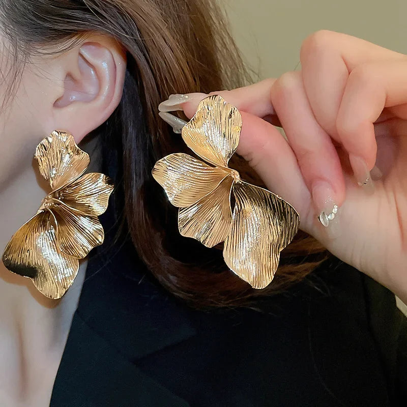 Exaggerated Big Petal Flower Liquid Multilayer Textured  earrings-drop for Women