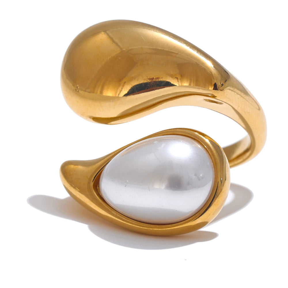 Imitation Pearl Water Drop Ring – 316L Stainless Steel Gold & Platinum Plated Elegant Jewelry for Women