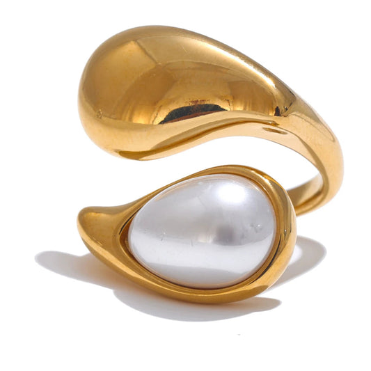 Imitation Pearl Water Drop Ring – 316L Stainless Steel Gold & Platinum Plated Elegant Jewelry for Women