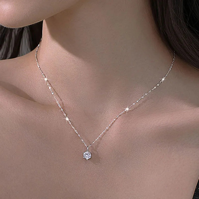 925 Sterling Silver Plated Zircon Necklace – Elegant Sparkling Clavicle Chain