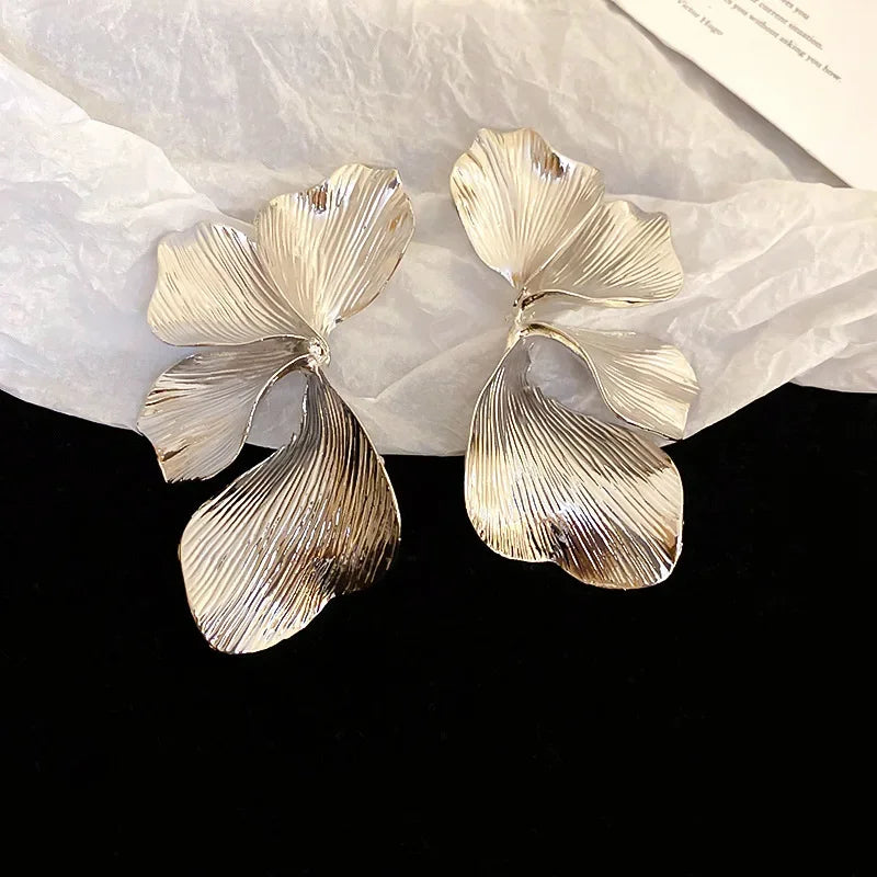 Exaggerated Big Petal Flower Liquid Multilayer Textured  earrings-drop for Women