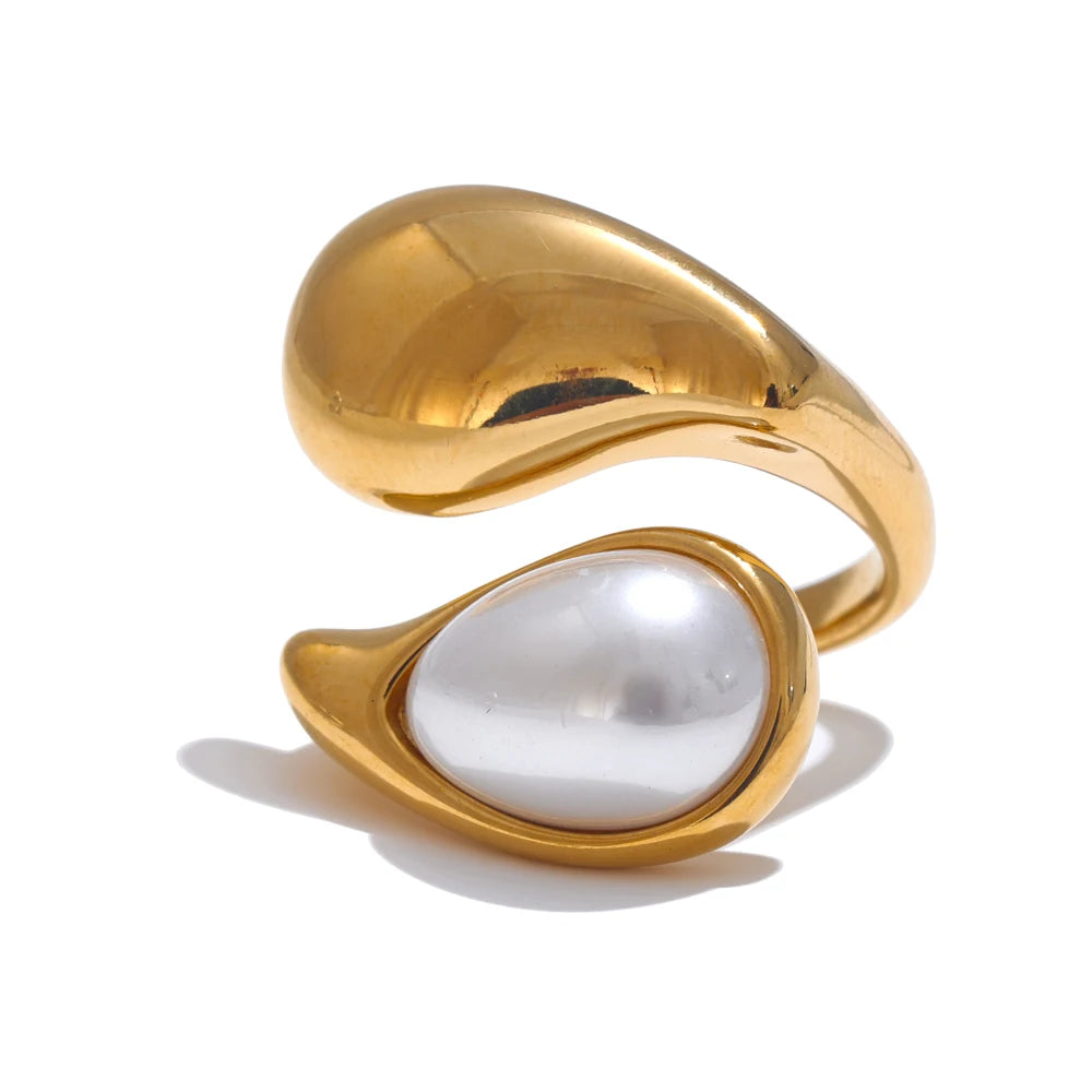 Imitation Pearl Water Drop Ring – 316L Stainless Steel Gold & Platinum Plated Elegant Jewelry for Women