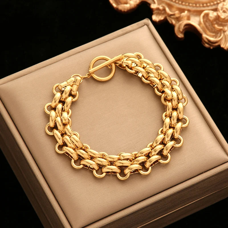Stainless Steel Gold Color Cuban Chain Bracelet unisex