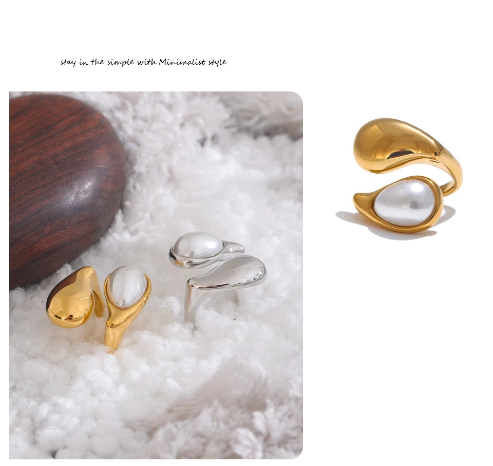 Imitation Pearl Water Drop Ring – 316L Stainless Steel Gold & Platinum Plated Elegant Jewelry for Women