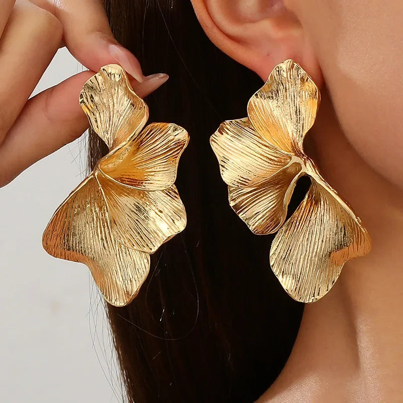 Exaggerated Big Petal Flower Liquid Multilayer Textured  earrings-drop for Women