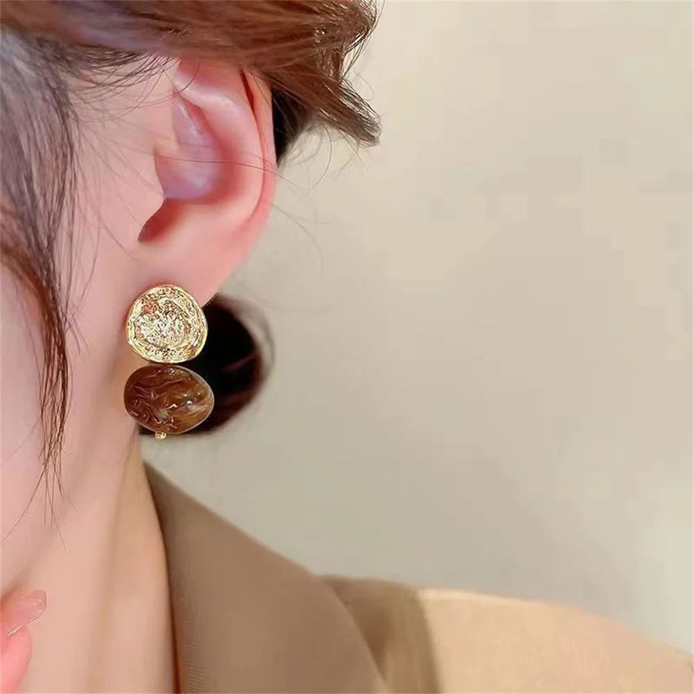 French Retro Brown Acrylic Ball Drop Earring For Women Party Versatile Earrings