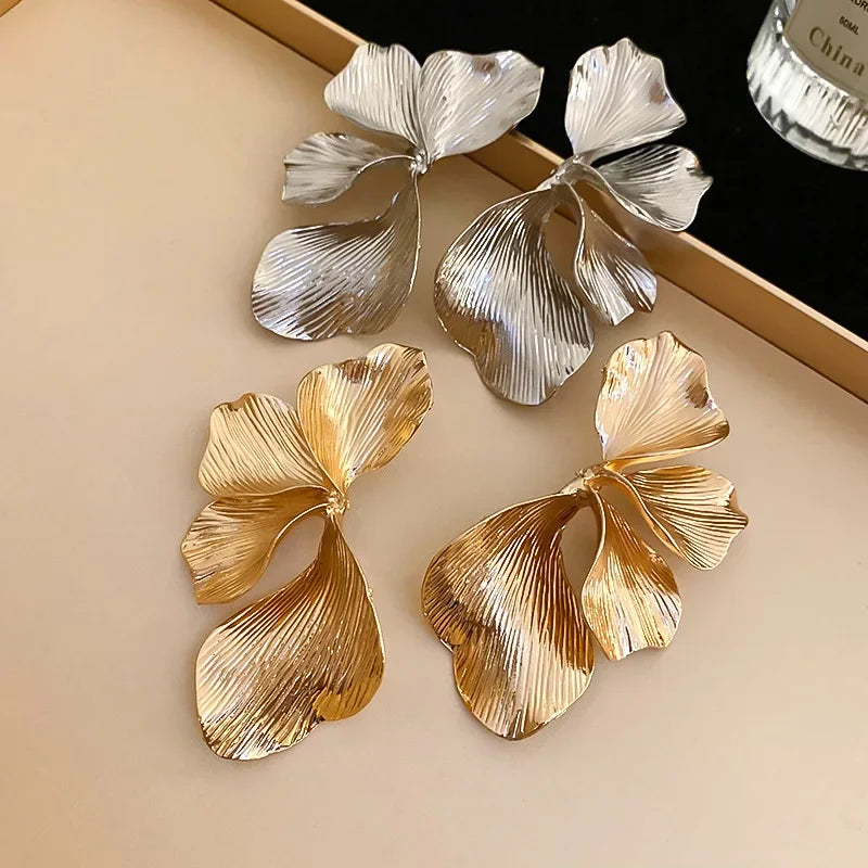 Exaggerated Big Petal Flower Liquid Multilayer Textured  earrings-drop for Women