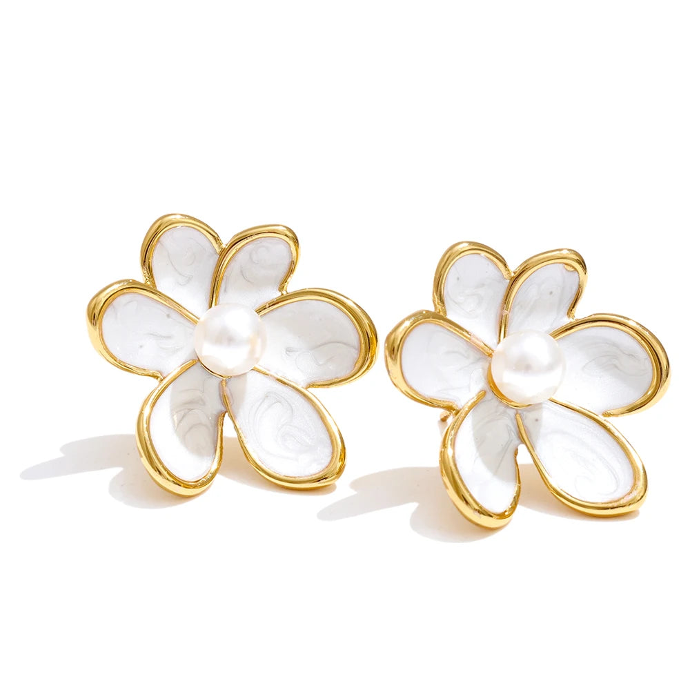 Zirconia & Pearl Flower Earring – Stud   Enamel Gold Jewelry for Women (All Occasions)